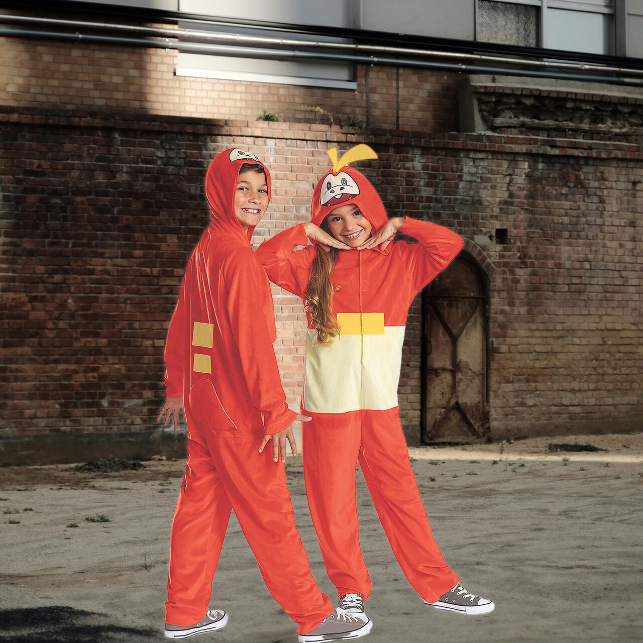 Kids Pokemon Fuecoco Costume Hooded Jumpsuit with Attached Flames